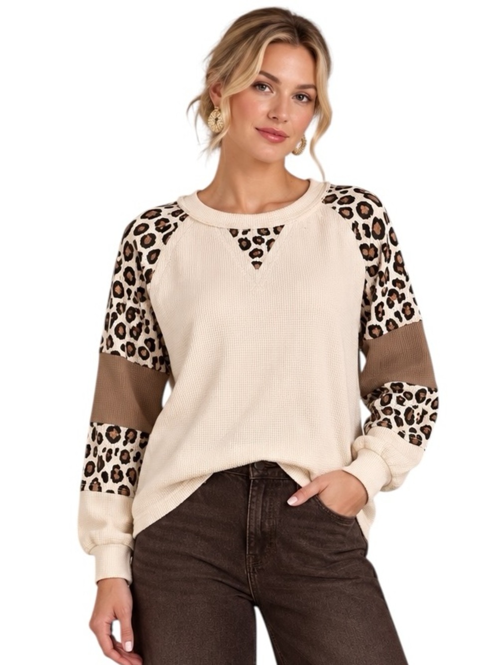 Umgee Vanilla Animal Print Waffle Knit Balloon Sleeve Top